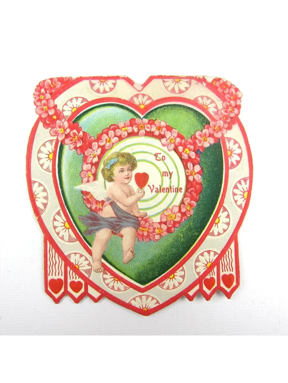 Vintage Valentine Card Die cut Blonde Cupid Target Red Heart Bullseye Flowers